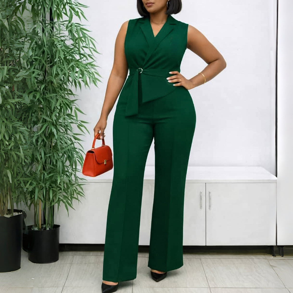 Summer Solid Color Sleeveless Collar Lace up Wide Leg Pants Jumpsuit Bella Mia