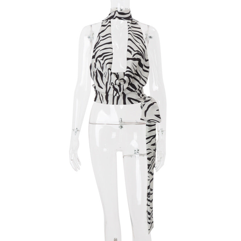 Women Clothing Summer Sexy Zebra Pattern Swing Collar Hollow Out Cutout out Short Vest Top Bella Mia
