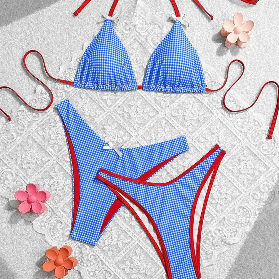 Summer Sweet Bow Floral Plaid Women Split Vacation Swimsuit Bikini Bella Mia