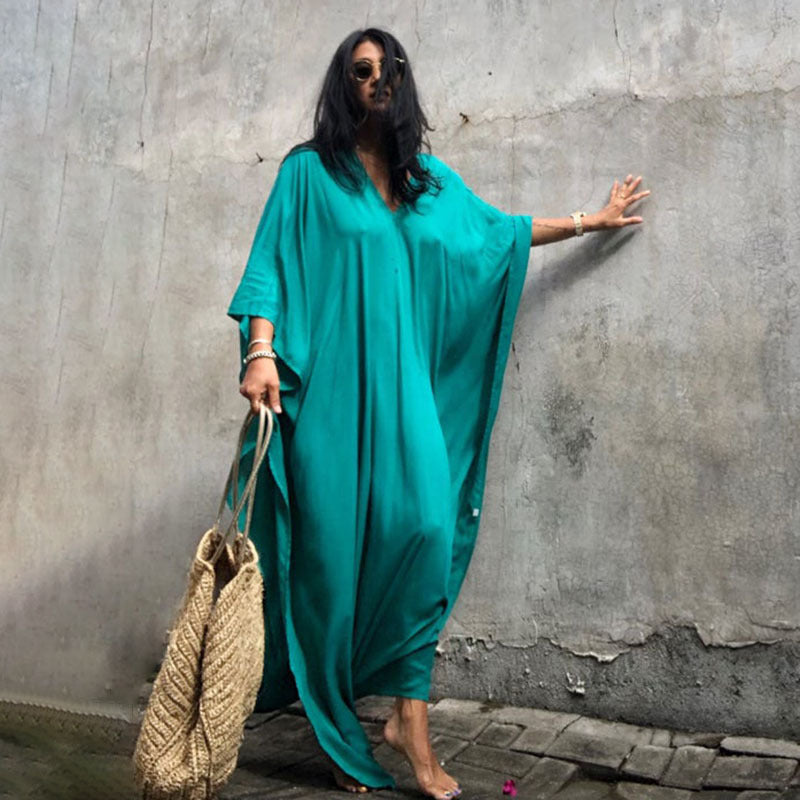 Rayon Solid Color Blouse Seaside Vacation Dress Loose Overclothes Bikini Swimsuit Robe Outer Wear Women Bella Mia