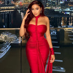 Solid Color Elegant Women Backless Lace up Tube Top Hip Pleated off Neck Dress Cocktail Dress Bella Mia