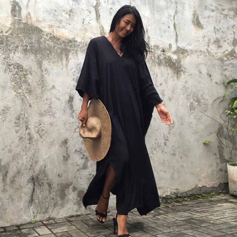Rayon Loose Robe Beach Cover Up Sexy V Neck Headband Belt Sun Protection Dress Women Bella Mia