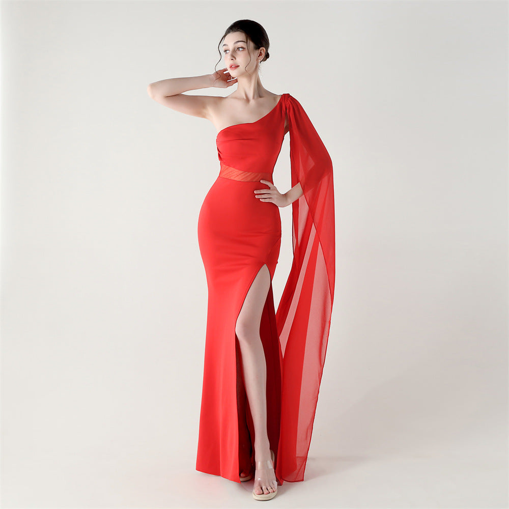 Single Shoulder Crossbody Stitching Mesh Design Satin Slim Cocktail Dress Evening Dress Bella Mia