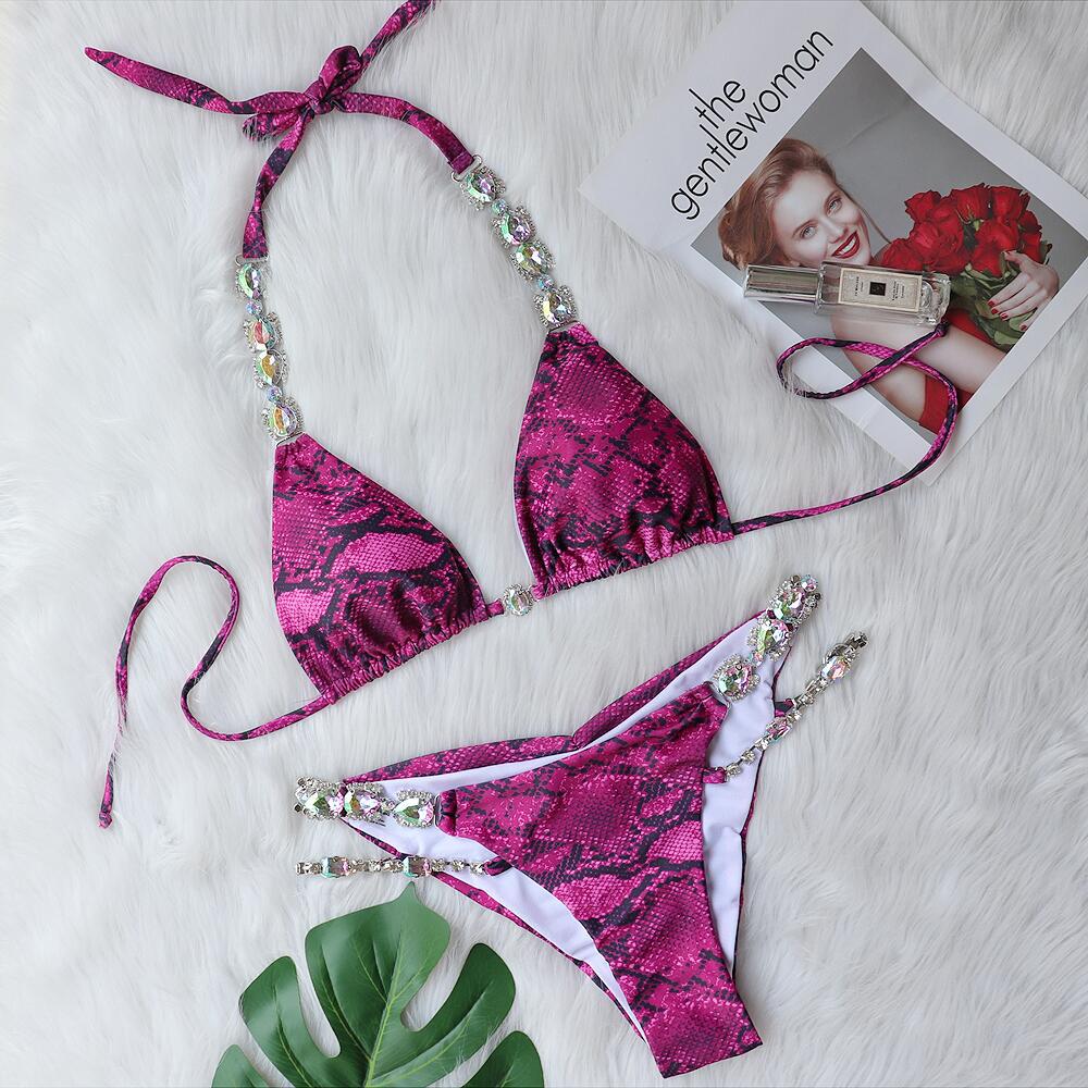 Bikini New Bikini Sexy Snakeskin Printed Crystal Diamond Women Split Swimsuit Beach Swimsuit Bella Mia