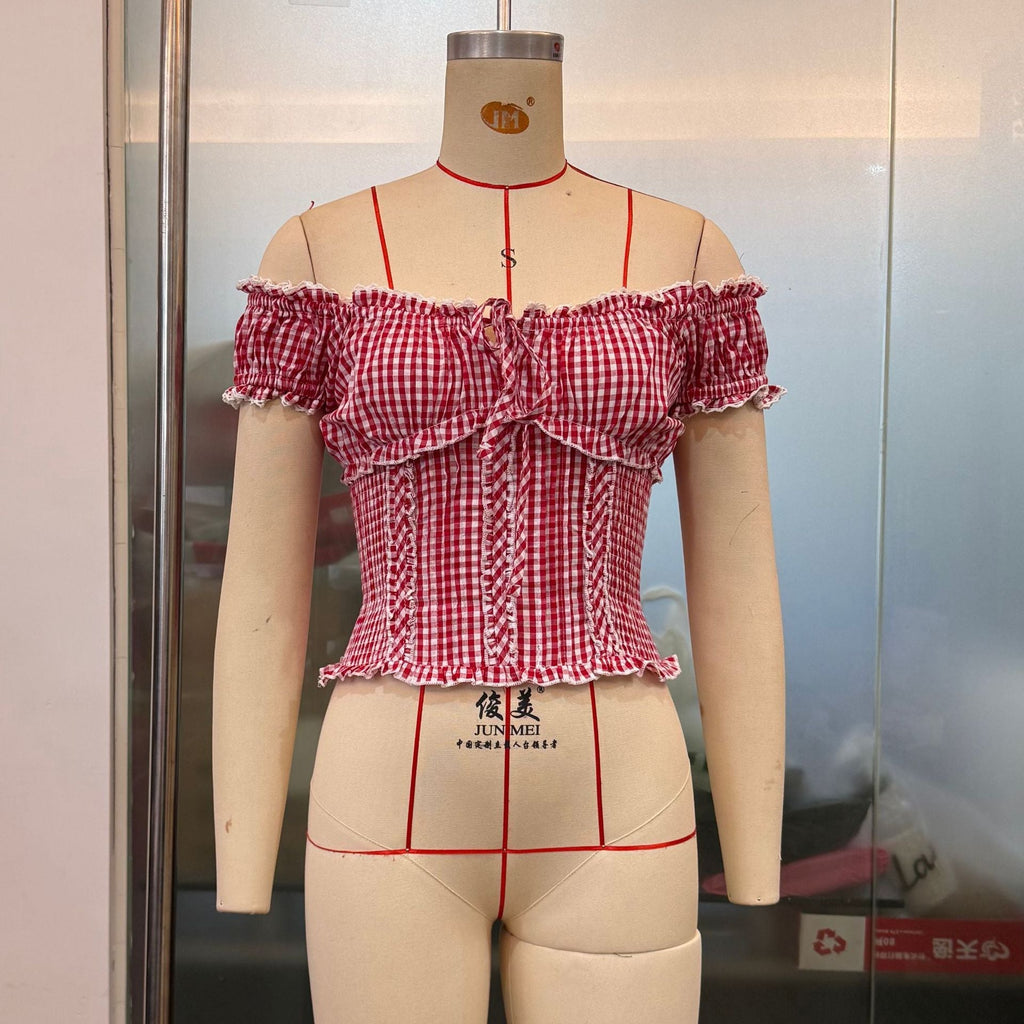 Summer Women Clothing French Plaid Sweet Pure Want Lace Edge Puff Sleeve Short Top Bella Mia