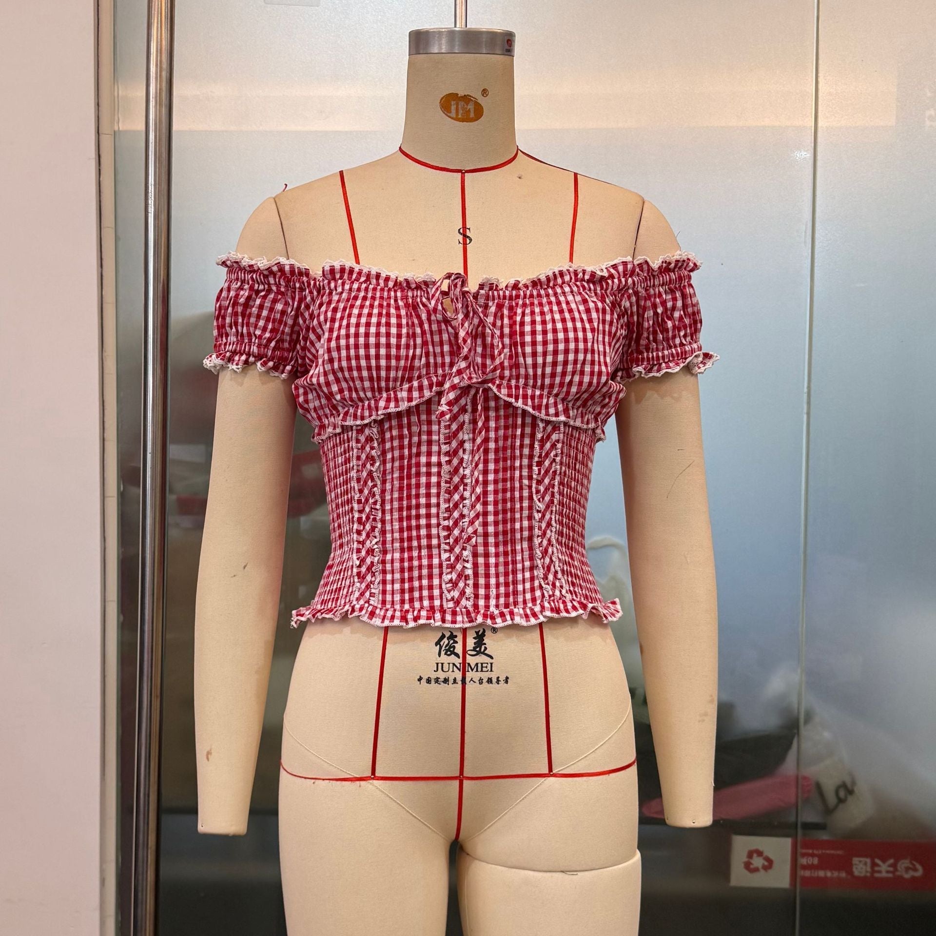 Summer Women Clothing French Plaid Sweet Pure Want Lace Edge Puff Sleeve Short Top Bella Mia