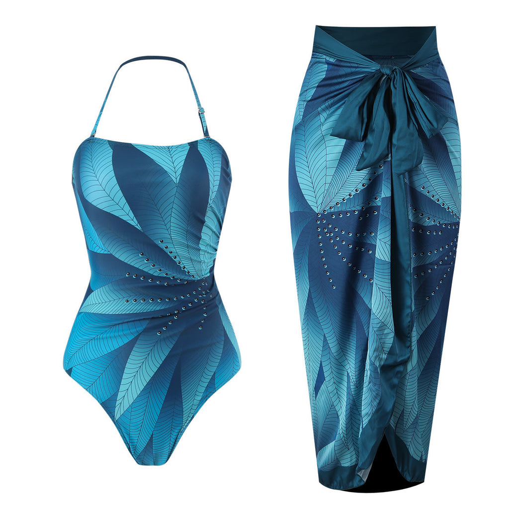 Lonkey French One Piece Two Piece Set Swimsuit Leaf Printed Sheath Dress Conservative Halter Swimsuit Women Bella Mia