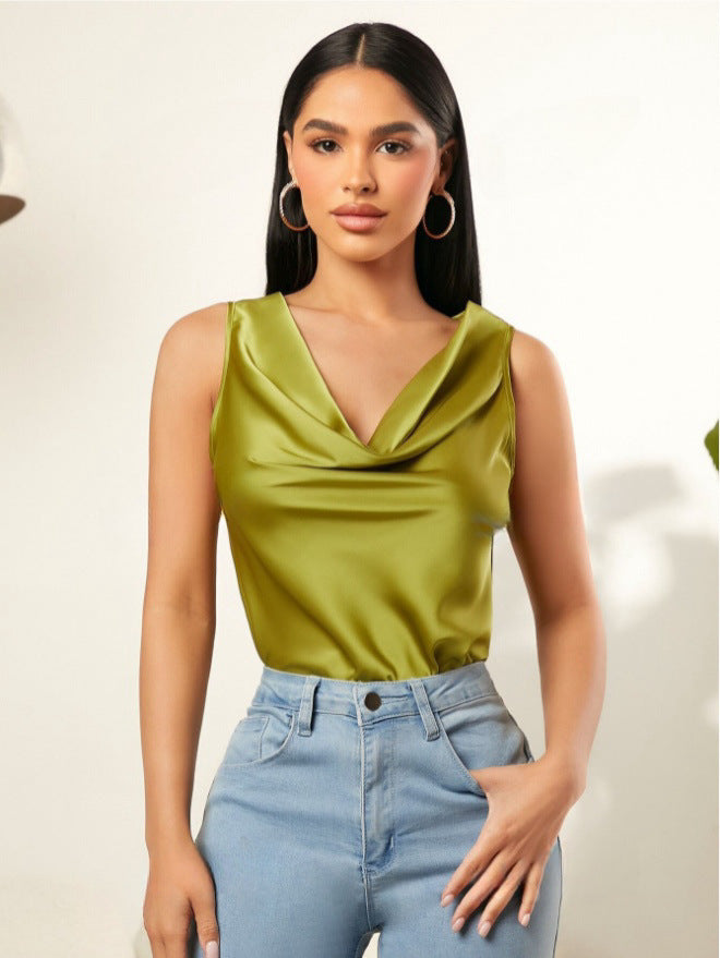 Summer Satin Pile Collar Solid Color Sleeveless Vest Women Sleeveless Blouse Bella Mia