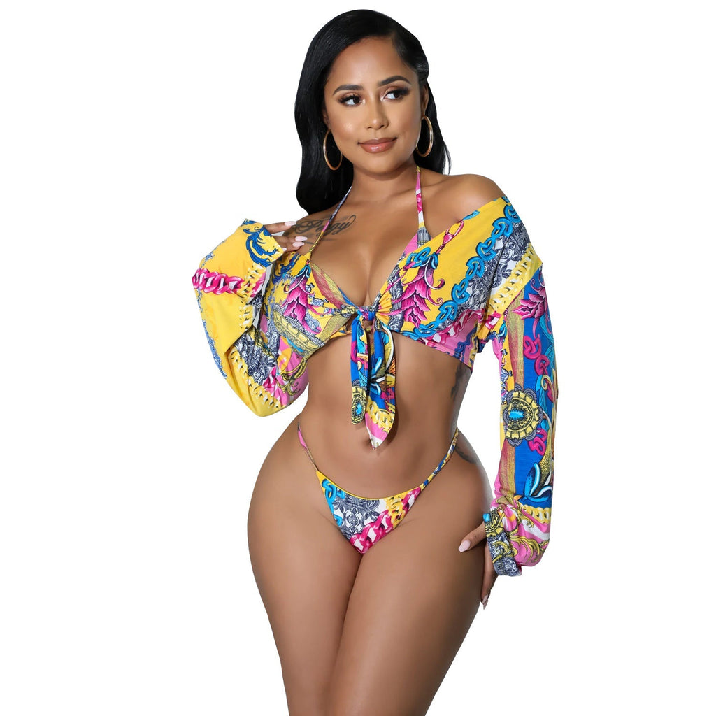 Summer Women Clothing Sexy Print Lace up Bikini Three Piece Set Bella Mia