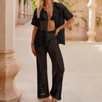 Beach Loose Short Sleeve Shirt Casual Trousers Hollow Out Cutout out See through Sexy Vacation Sun Protective Blouse Two Piece Sets Bella Mia