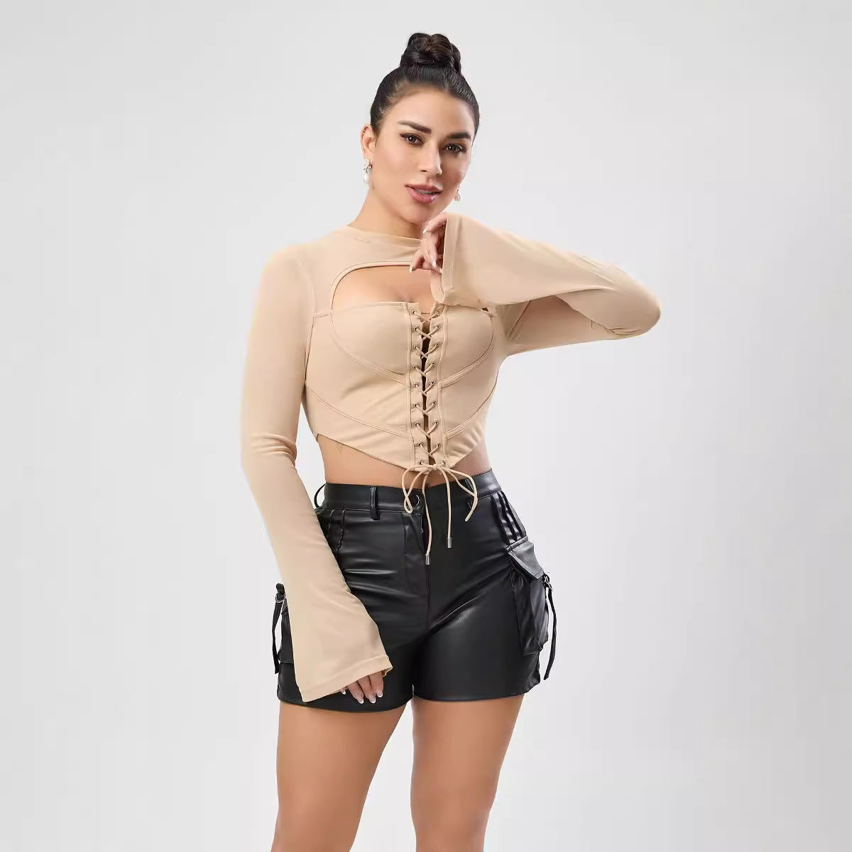 Sexy Women Autumn Solid Color Casual Backless Half High Collar Long Sleeves Strap Mesh Slim Fit Short Top Bella Mia