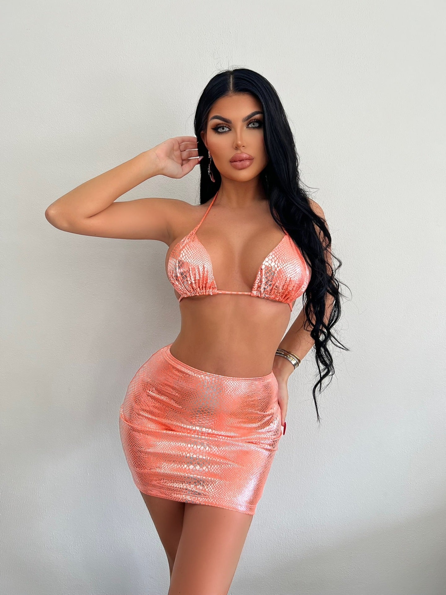 Swimwear Bikini Women Glossy Sexy Halter Backless Swimsuit Three Piece Sheath Swimsuit Bella Mia