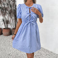 Summer Striped Dress round Neck Bowknot Lace up Dress