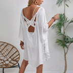 Hand Hook Floral Stitching Tassel Beach Cover up Hollow Out Cutout Butterfly Loose Beach Vacation Sun Protective Clothing Bella Mia