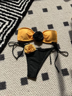 Color Matching Rose Tube Top Lace up Drawstring Strap Split Swimsuit Bikini Bella Mia
