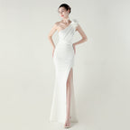 One Shoulder Three Dimensional Floral Satin Folding High Slit Sexy Evening Dress Dinner Wedding Social Bella Mia