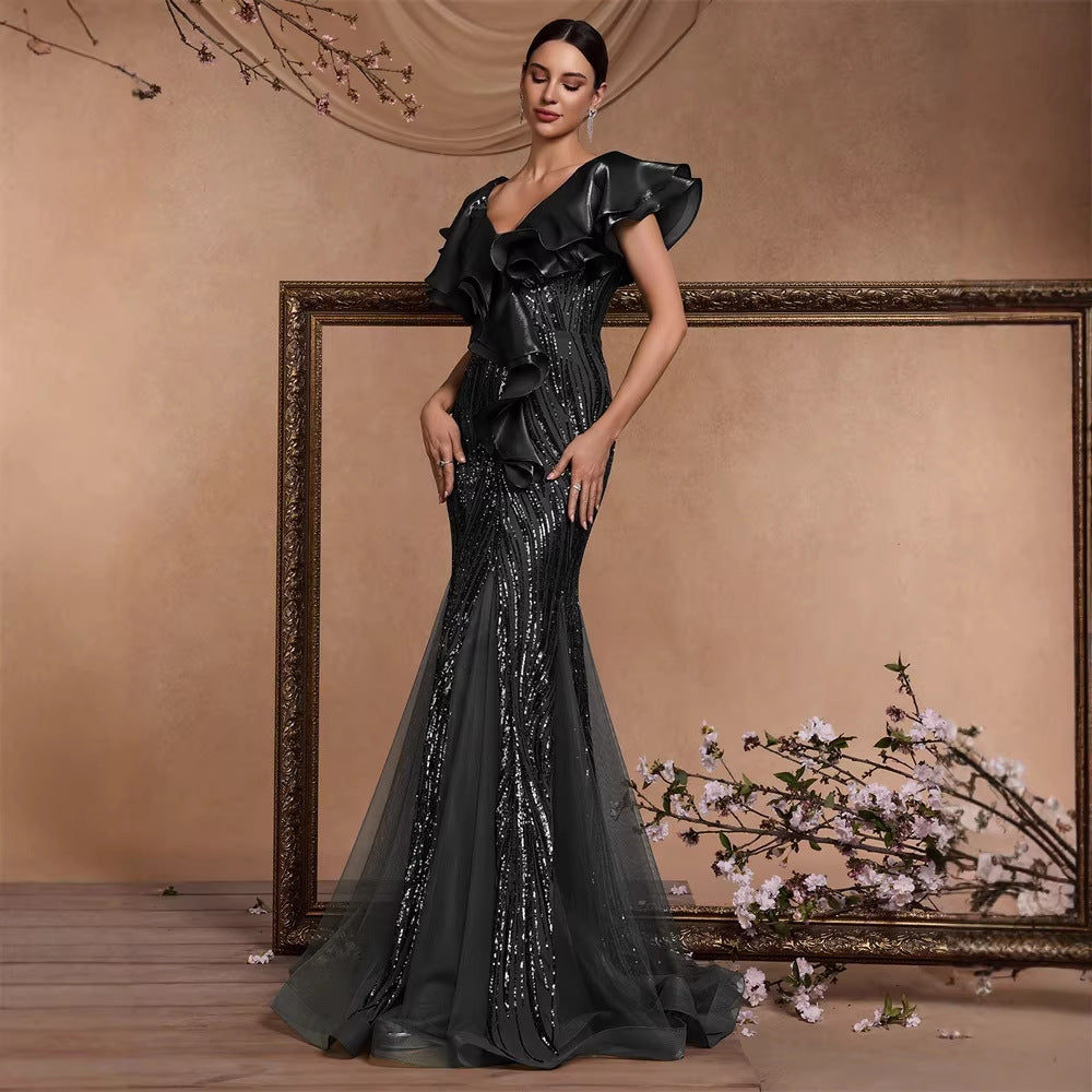 Elegant Ruffle Sleeve Sequin Elegant Cocktail Party Dinner Dress Backless Luxury Fishtail Graduation Evening Bella Mia
