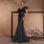 Elegant Ruffle Sleeve Sequin Elegant Cocktail Party Dinner Dress Backless Luxury Fishtail Graduation Evening Bella Mia