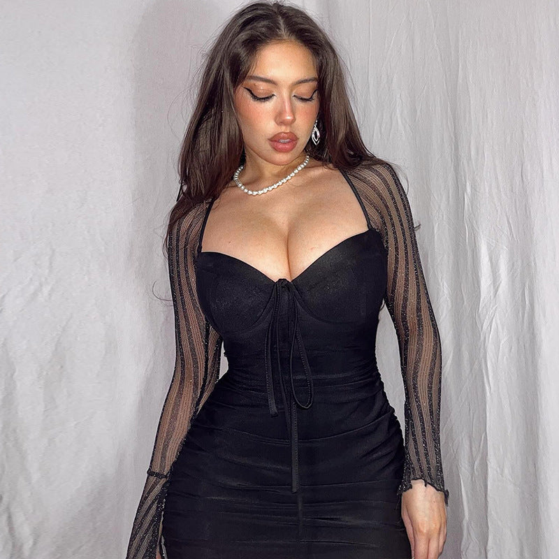 Lace Screen Color Contrast Patchwork Dress Flared Sleeve Sheath Dress Tight Lace up Women Bella Mia