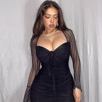Lace Screen Color Contrast Patchwork Dress Flared Sleeve Sheath Dress Tight Lace up Women Bella Mia