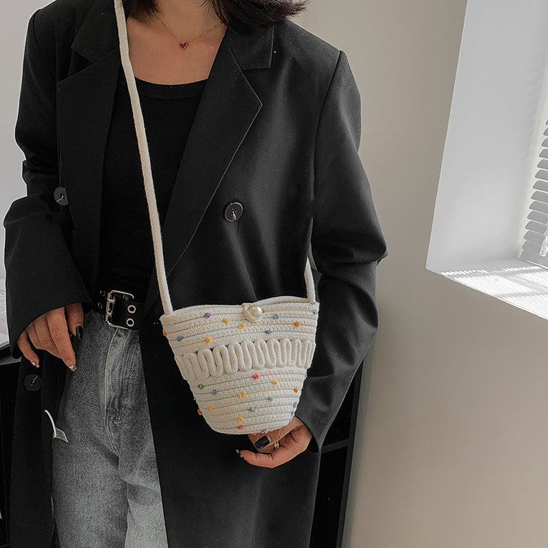 Crossbody Straw Bag Cotton Thread Woven Bag Mobile Phone Change Key Case Hollow Out Cutout Cotton Thread Woven Bag Casual Cute Women Bella Mia