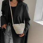 Crossbody Straw Bag Cotton Thread Woven Bag Mobile Phone Change Key Case Hollow Out Cutout Cotton Thread Woven Bag Casual Cute Women Bella Mia