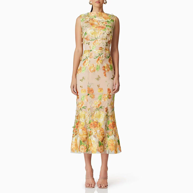 Heavy Industry High Sense Dress Color Embroidery Three Dimensional Floral Slim Fit Figure Flattering Maxi Dress Bella Mia