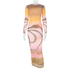 Slim Women Clothing Stitching Printing Hip Retro Turtleneck Long Sleeve Slightly Transparent Length Dress Bella Mia
