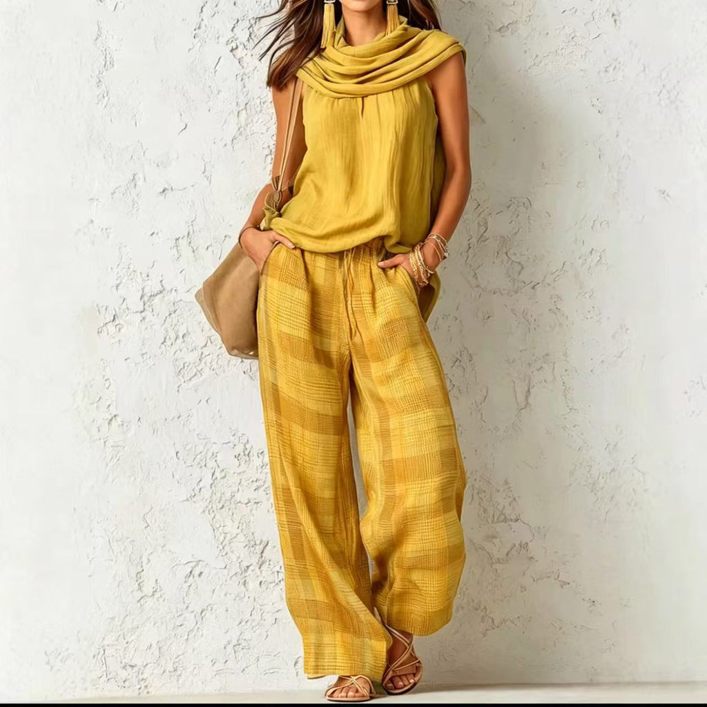 Women Retro Casual Sleeveless Top Plaid Pants Two Piece Sets