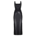 Women Clothing Square Collar Low Cut Drawstring Slim Fit Leather Dress Sexy Sheath Split Dress Bella Mia