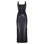 Women Clothing Square Collar Low Cut Drawstring Slim Fit Leather Dress Sexy Sheath Split Dress Bella Mia