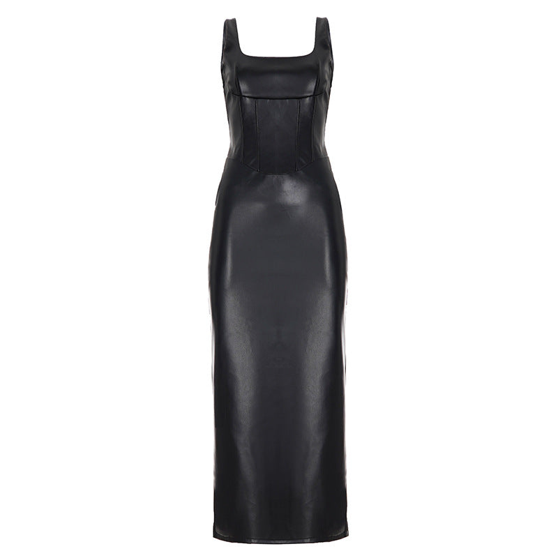 Women Clothing Square Collar Low Cut Drawstring Slim Fit Leather Dress Sexy Sheath Split Dress Bella Mia