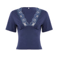Sexy V neck Lace Patchwork Waist Slimming Figure Flattering Short Sleeve Top Solid Color BASIC Short T shirt Women
