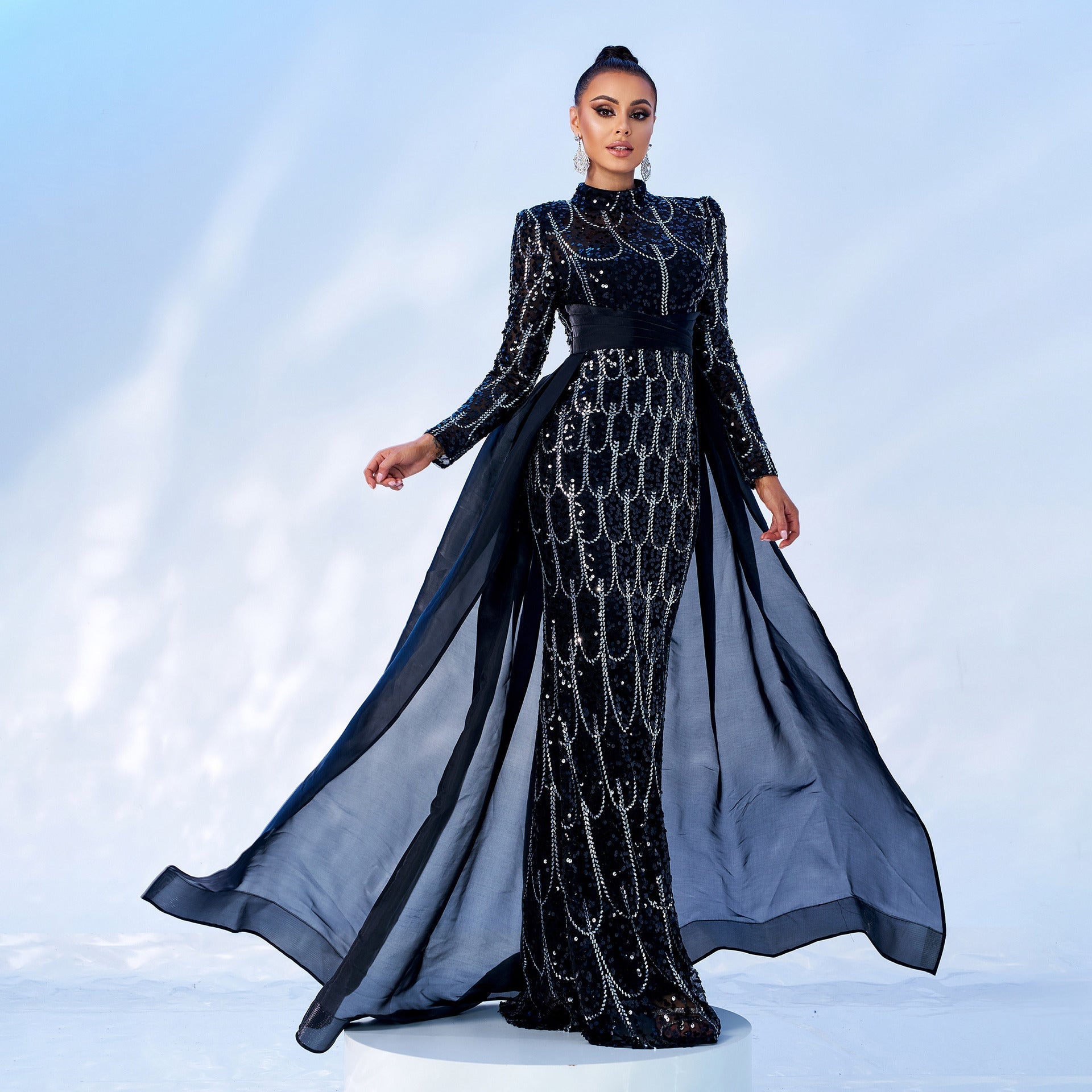 Long Sleeve round Neck Long Sequined Cocktail Cape Fishtail Evening Dress Bridesmaid Dress Women Bella Mia