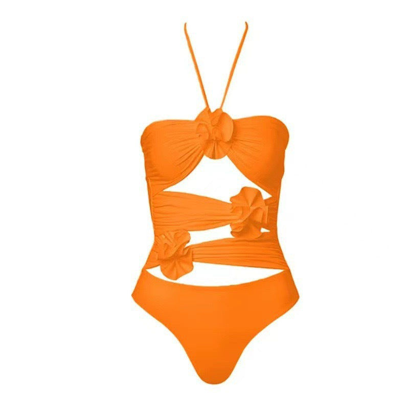 Lonkey Swimsuit Solid Color Hollow Out Cutout Mesh Bag Hip Skirt Floral Sexy Swimsuit Bella Mia