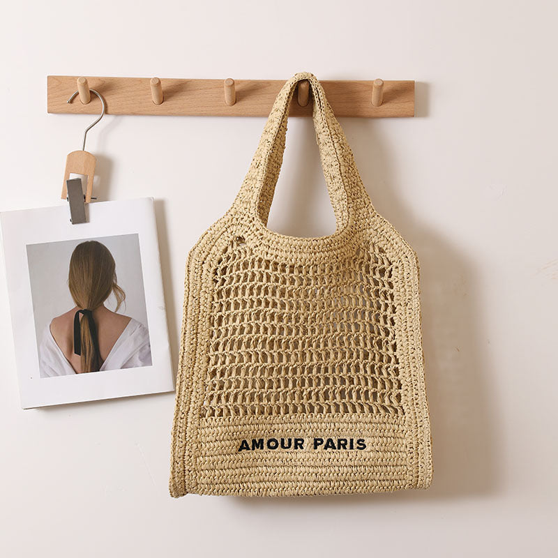 Summer Straw Woven Bag With Lace Up Pattern Suitable For Women Beach Vacation Beach Bag Bella Mia