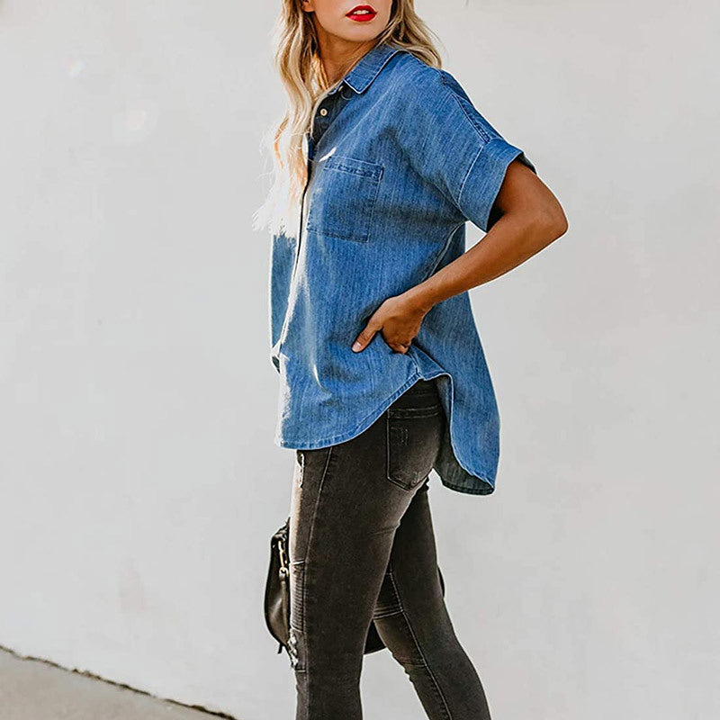 Spring Summer Short Sleeve Straight Leg Denim Shirt Women Loose Top Women Bella Mia