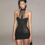 Autumn Winter Women Clothing Sexy Mesh Stitching Slim Slim Backless Halter Sheath Dress Bella Mia