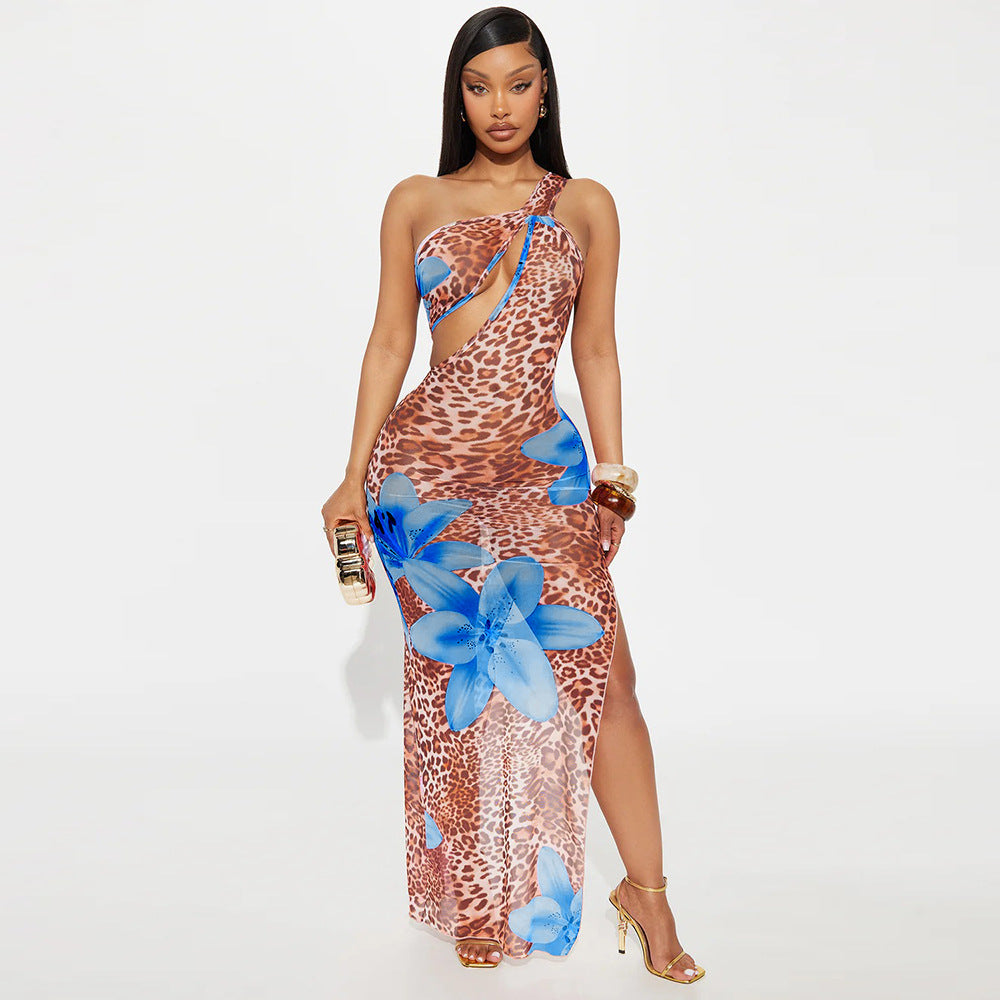 Women Clothing Diagonal Collar Hollow Out Cutout out See through Mesh Floral Print Dress Bella Mia