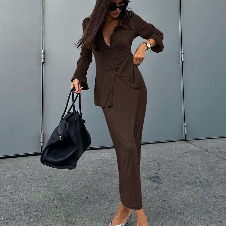 Women Collared Flared Sleeve Cardigan Top Hip Skirt Two Piece Set Bella Mia