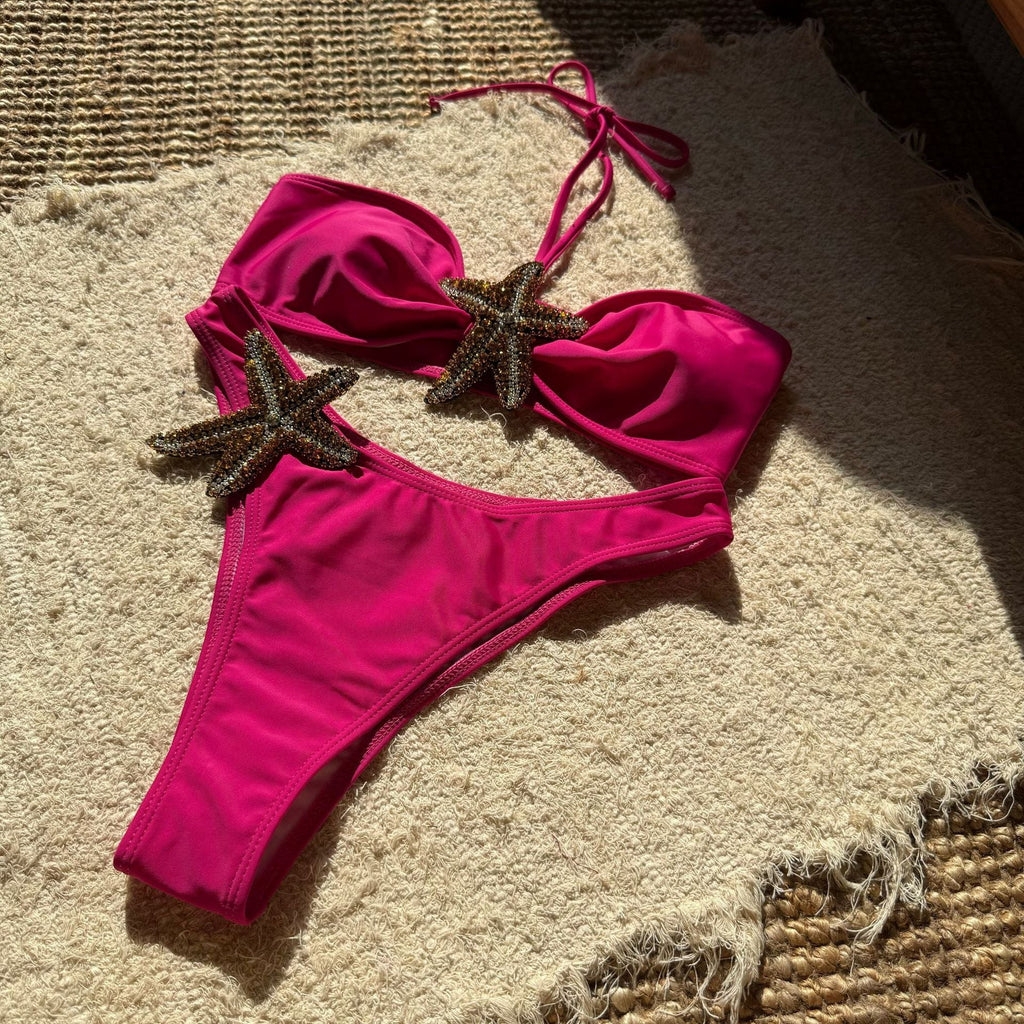 Solid Color Starfish Affixed Cloth Embroidered Sexy Lacing Split Swimsuit Bikini