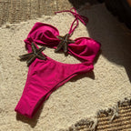 Solid Color Starfish Affixed Cloth Embroidered Sexy Lacing Split Swimsuit Bikini