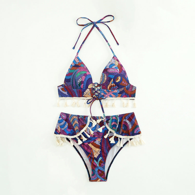 Printed Brazilian Ethnic Halter Lace up Tassel Bikini Women Swimsuit Bella Mia