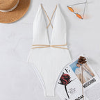Beach Swimwear Solid Color V neck Backless Quick Drying One Piece Swimsuit Bikini Swimwear Women Bella Mia