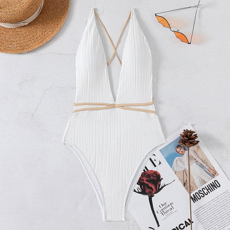 Beach Swimwear Solid Color V neck Backless Quick Drying One Piece Swimsuit Bikini Swimwear Women Bella Mia