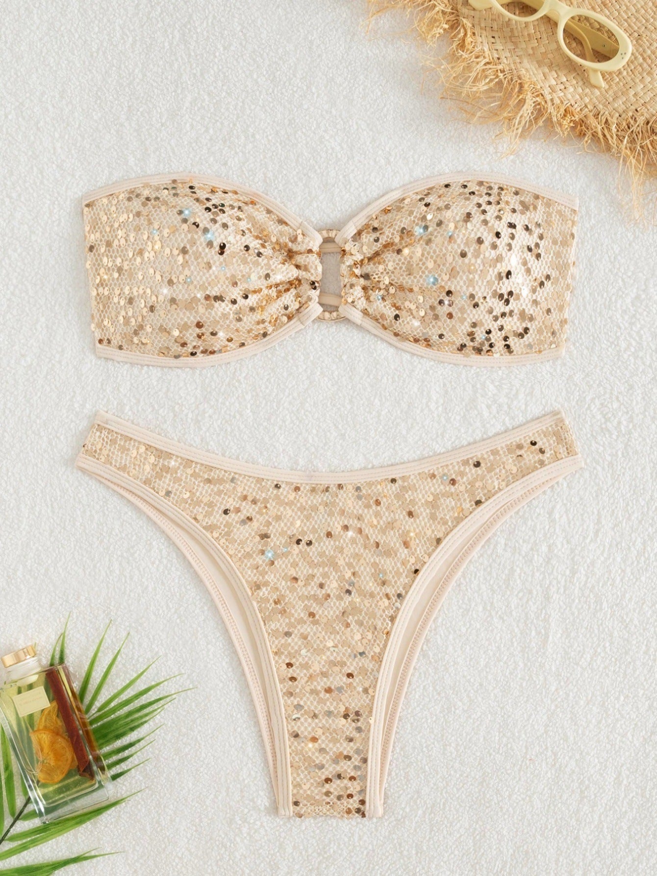 Split Sequ Solid Color Sexy Tube Top Banded Bikini