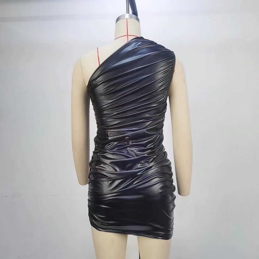 Women Clothing Summer Sleeveless Shoulder Pleated Waist Tight Sheath Dress Bella Mia