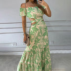Summer Women Clothing Printed Elegant off Shoulder High Waist Hollow Out Cutout out Ruffled Dress for Women Bella Mia