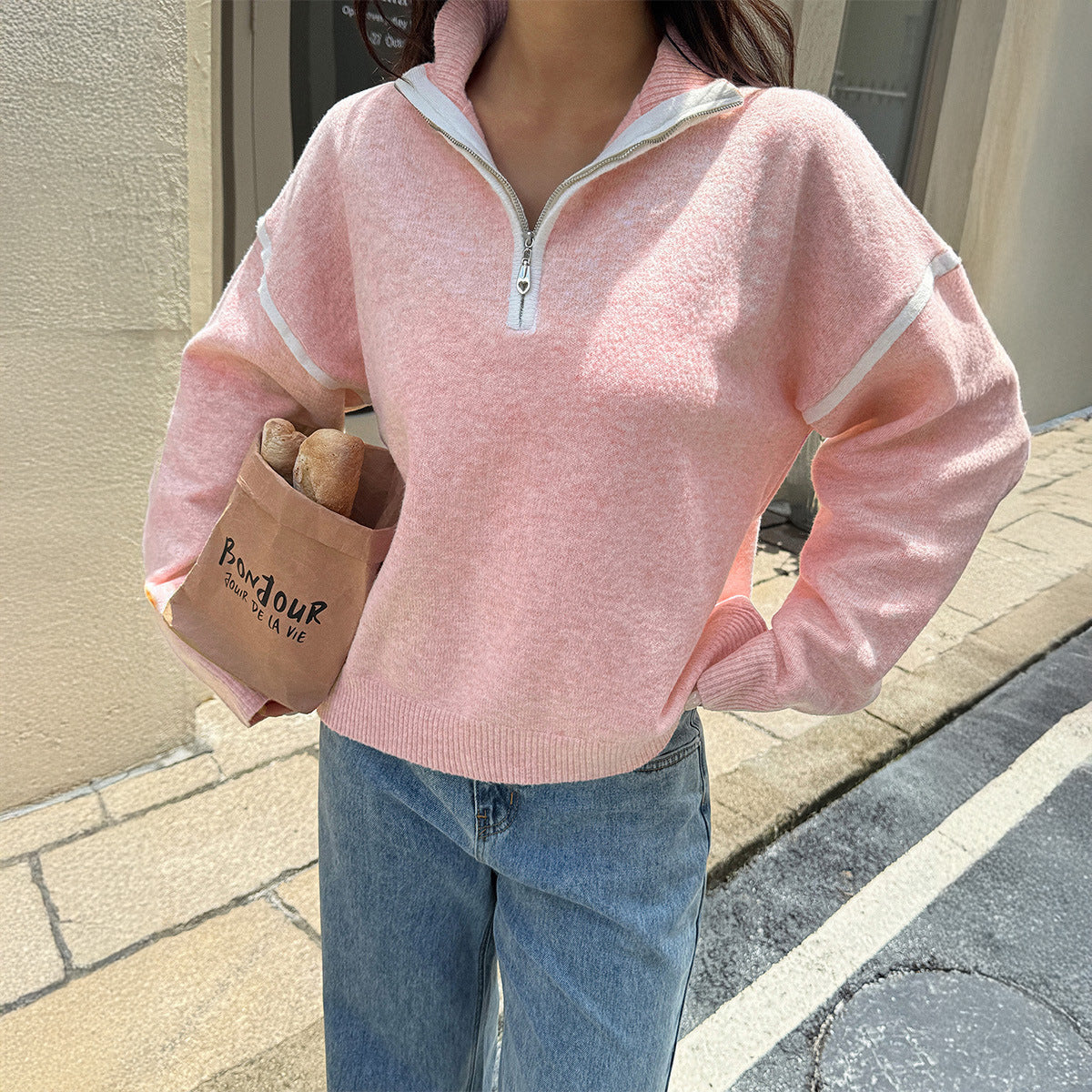 Casual Simple Solid Color Long Sleeve Zipper Sweaters Women Clothing Autumn Winter Bella Mia