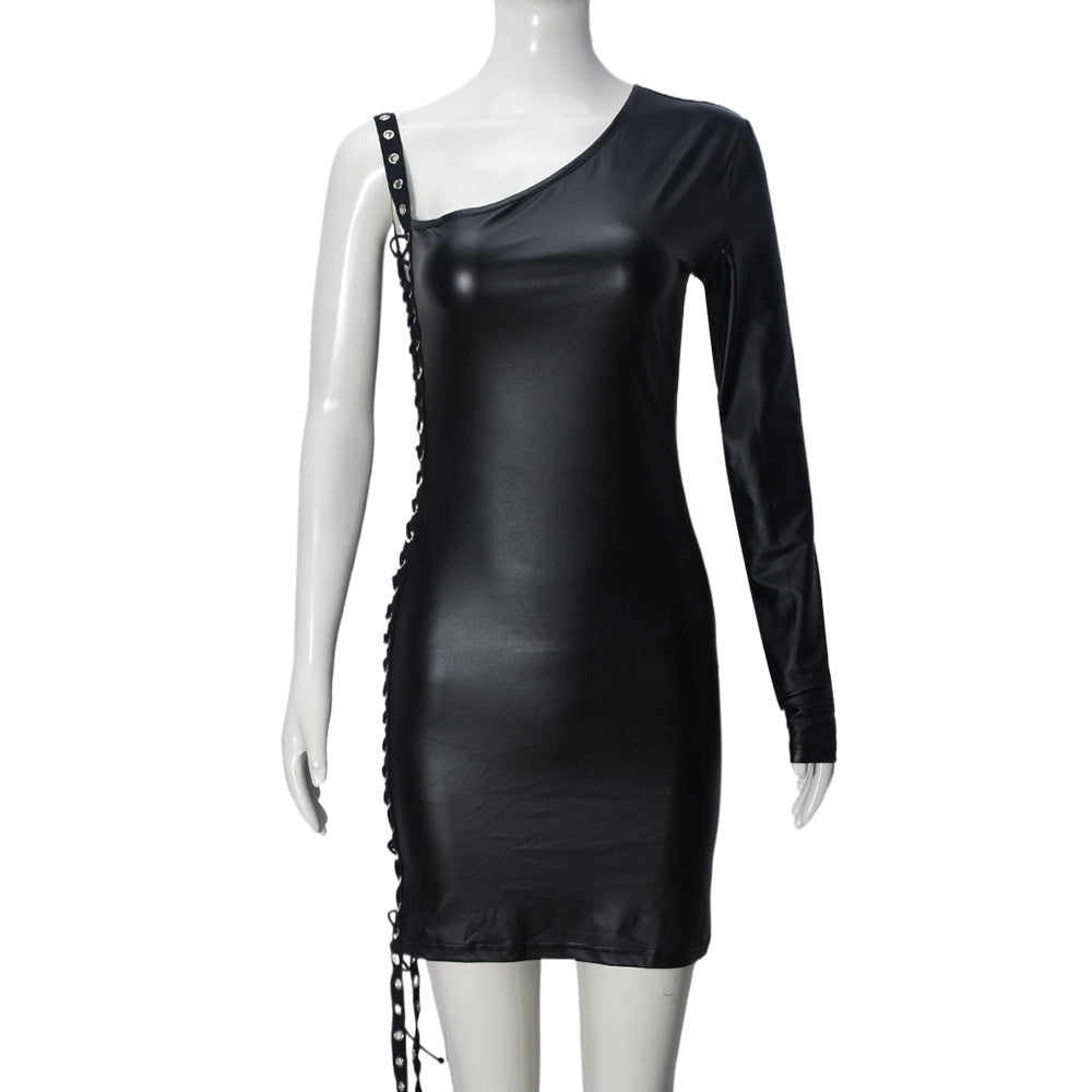 Women Clothing Dress Diagonal Collar Ribbon Hollow Out Cutout out Strap Single Side Long Sleeve Pullover Hip for Women Bella Mia